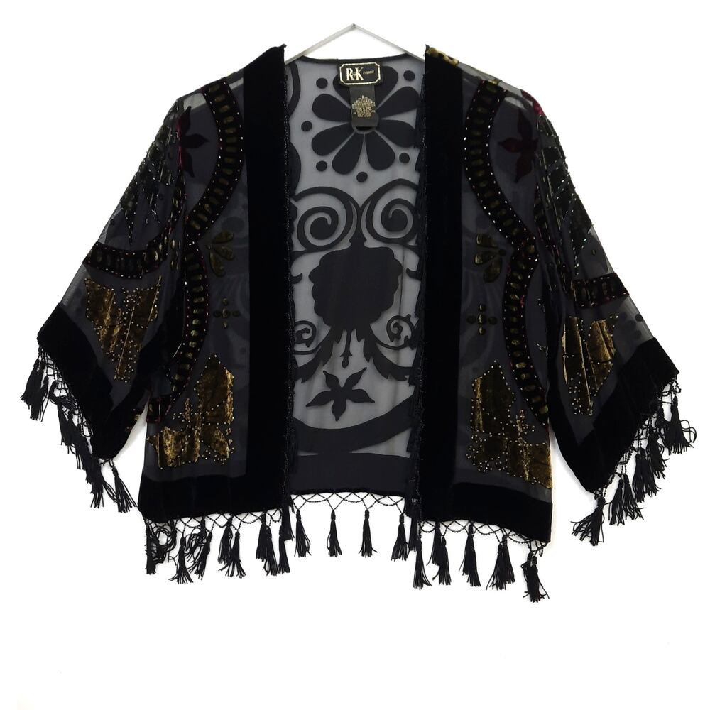 Black Silk Kimono Sz Small Velvet Burnout Floral Beaded Fringe Sheer Jacket